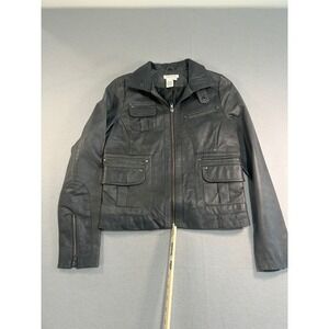 Boston Proper Leather Jacket Womens 4 Gray Utility Moto Multi-Pocket Zip Front‎